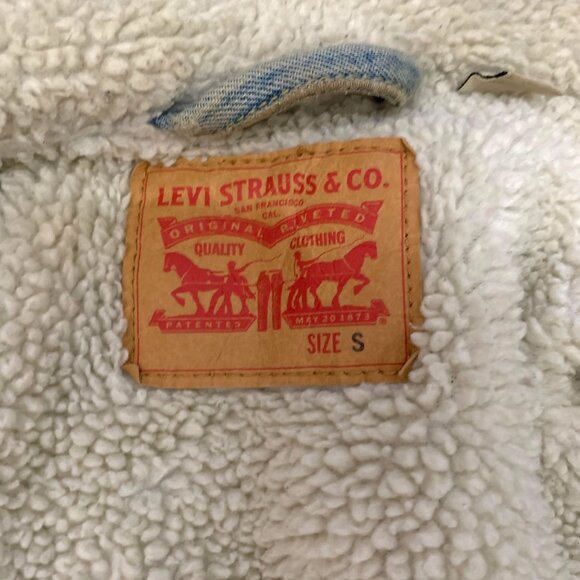 LEVIS Jean Jacket Blue Sherpa Lined Denim Snap Trucker 90s Stonewash Mens S - Picture 7 of 10